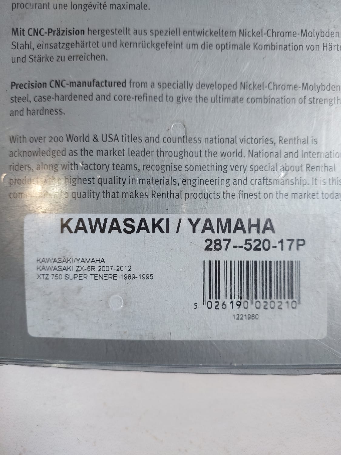 Kawasaki ZX-6R Yamaha XTZ 750 Super Tenere Renthal voorste tandwiel